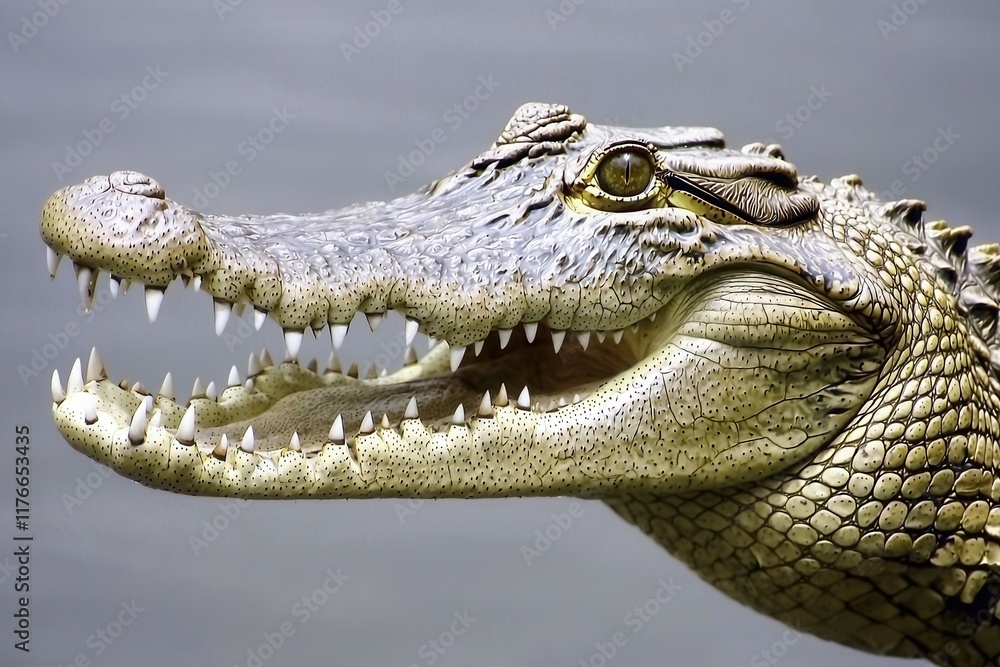 Fototapeta premium A close-up of a Nile crocodile basking on the riverbank with its mouth slightly open