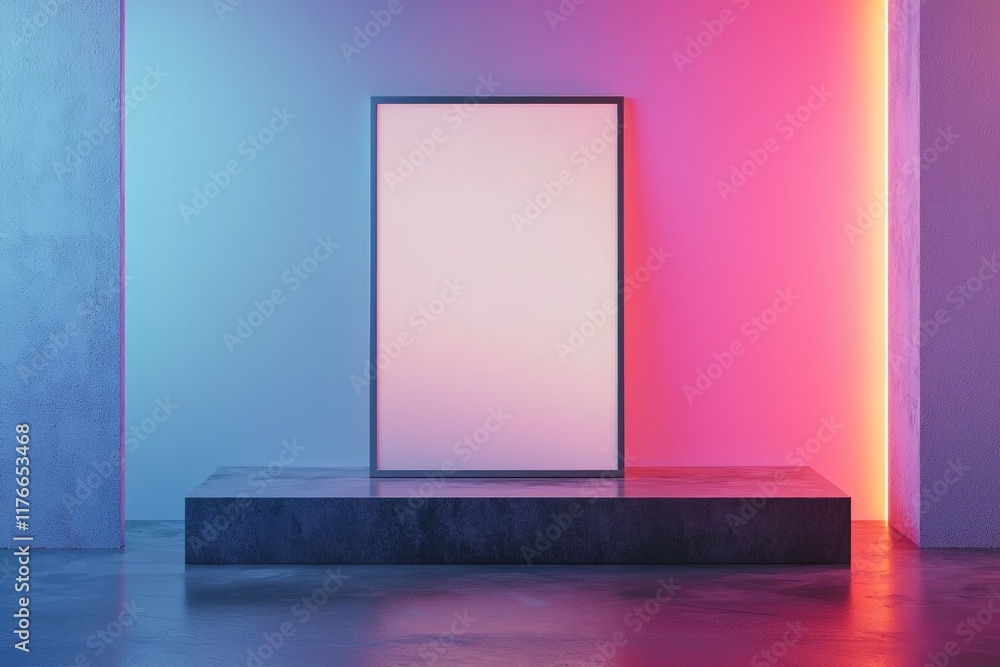 A modern gallery setup featuring a floating blank frame in front of a softly glowing gradient wall in pastel hues A modern gallery setup featuring a floating blank frame in front of a softly glowing gradient wall in pastel hues