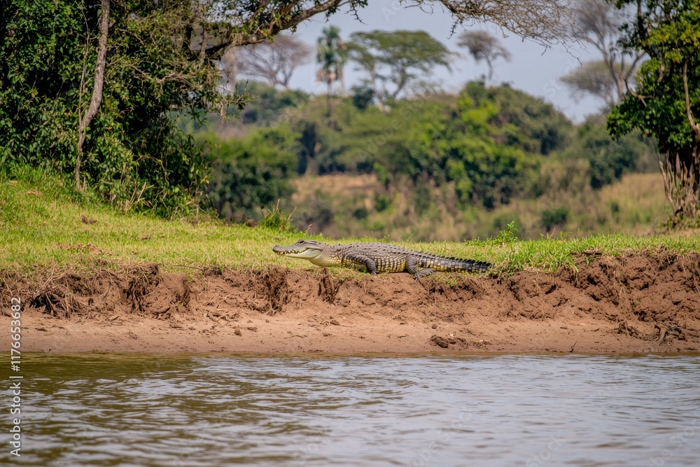 A close-up of a Nile crocodile basking on the riverbank with its mouth slightly open A close-up of a Nile crocodile basking on the riverbank with its mouth slightly open