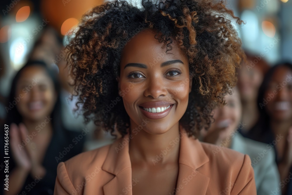 A smiling woman in a professional setting, surrounded by a supportive audience, exuding confidence and positivity. A smiling woman in a professional setting, surrounded by a supportive audience, exuding confidence and positivity.