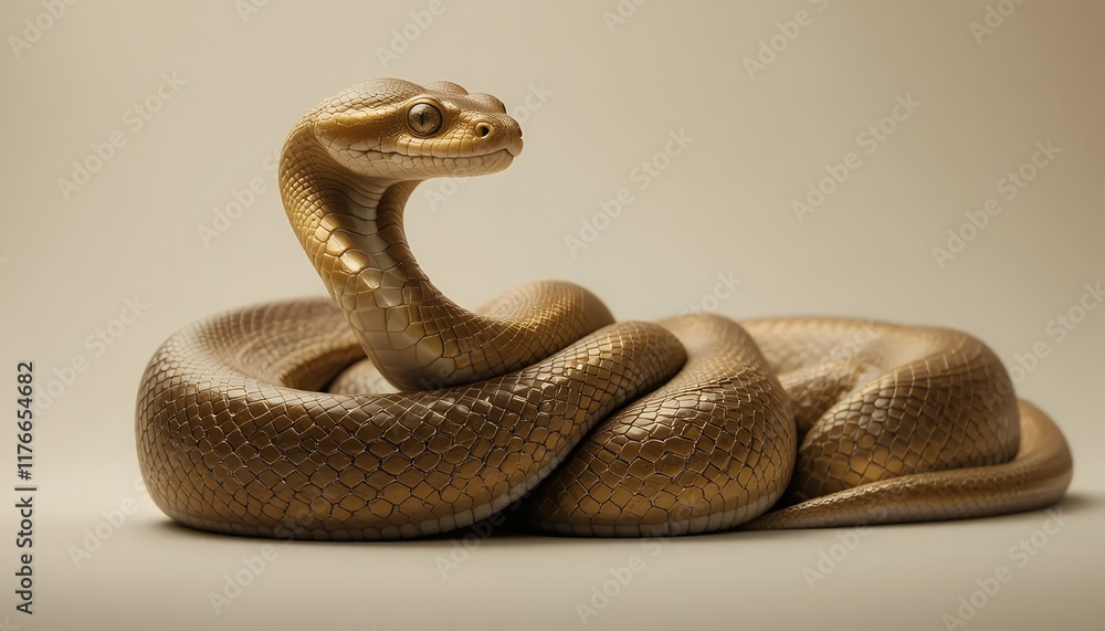 Fototapeta premium Golden Tree Snake - Chrysopelea ornata - A stunning golden tree snake with intricate scales, coiled elegantly on a beige background, its captivating gaze directed towards the camera. The snake's vibra