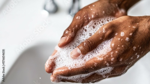 Person washing hands thoroughly in bathroom hygiene action close-up view cleanliness concept photo