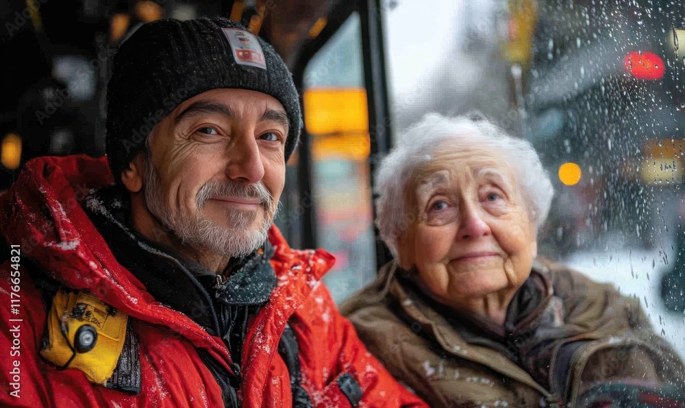 Man, woman, snowy bus, winter journey, happy. Man, woman, snowy bus, winter journey, happy.