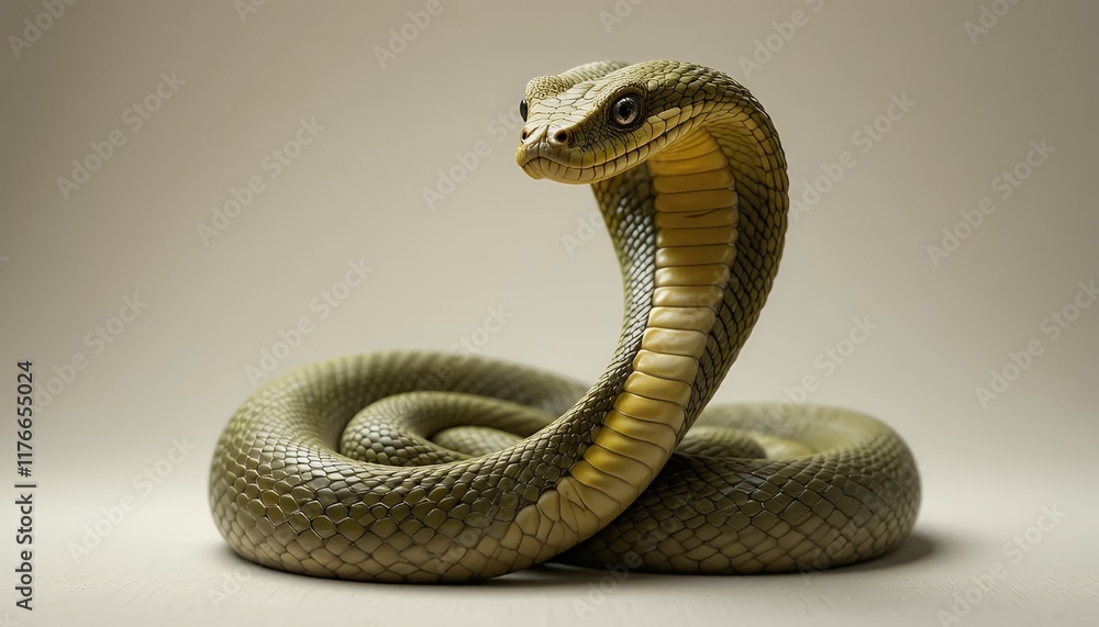 Fototapeta premium Green Cobra - Naja sp. - A captivating image of a green cobra, Naja sp., with its hood slightly raised, showcasing intricate scales and intense gaze directly at the camera. The vibrant green hues and