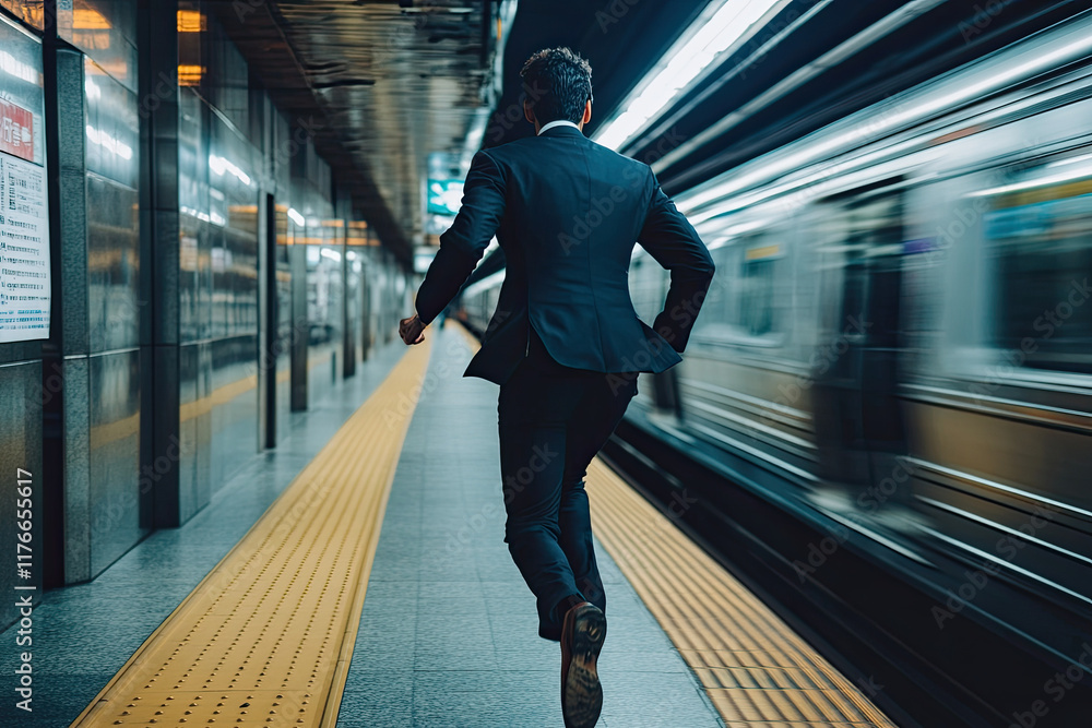 Obraz premium Professional in a suit running to catch a train in a rush