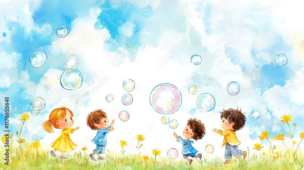 Naklejka premium Springtime inspired relaxation. Children playing with bubbles in a sunny field filled with flowers.