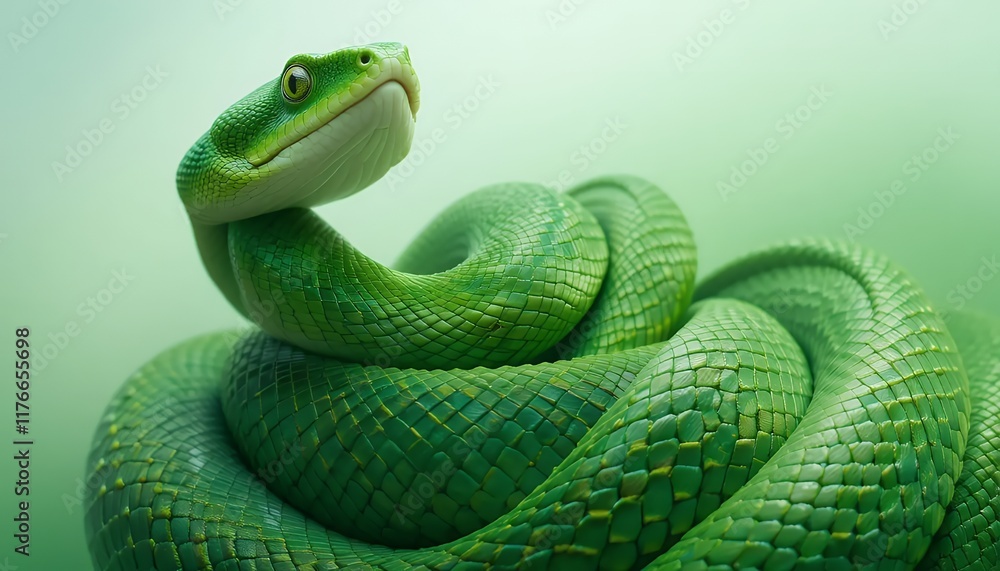 Green Pit Viper - Trimeresurus Trimesurus - A vibrant green snake with intricate scales, coiled elegantly against a soft green background. Its captivating eyes meet the camera, showcasing its alert an Green Pit Viper - Trimeresurus Trimesurus - A vibrant green snake with intricate scales, coiled elegantly against a soft green background. Its captivating eyes meet the camera, showcasing its alert an