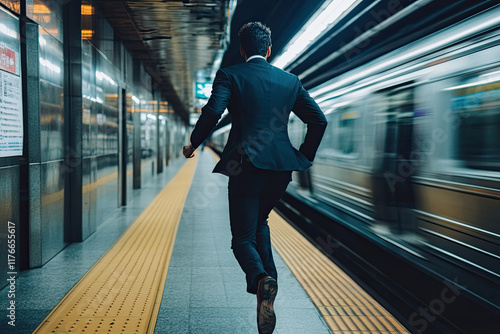 Professional in a suit running to catch a train in a rush