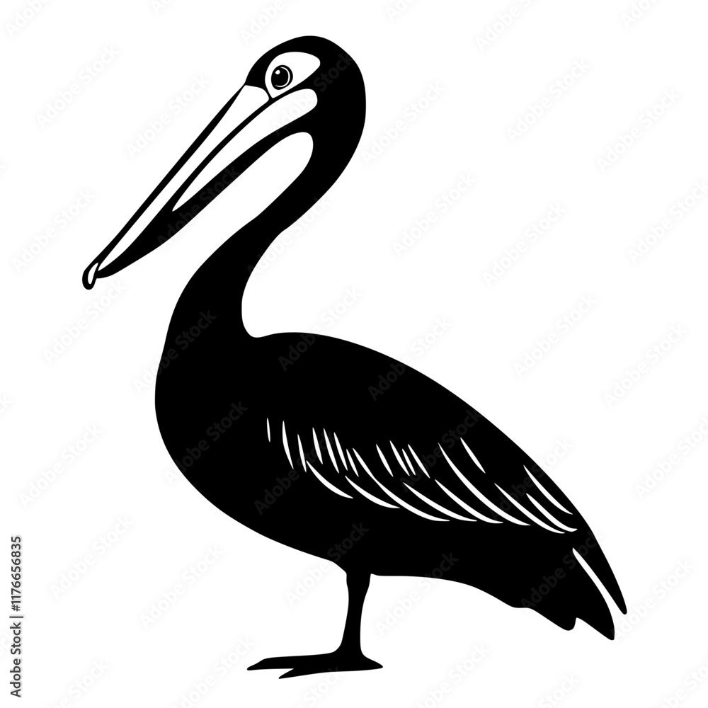 Fototapeta premium Black and White Pelican Silhouette Illustration, A bold black and white silhouette of a pelican with detailed feathers and distinct beak, showcasing a minimalist wildlife design.