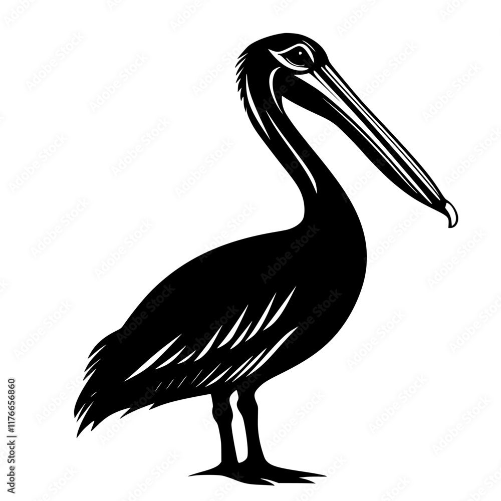 Fototapeta premium Black and White Pelican Silhouette Illustration, A bold black and white silhouette of a pelican with detailed feathers and distinct beak, showcasing a minimalist wildlife design.