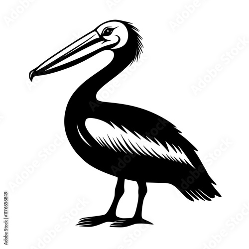 Black and White Pelican Silhouette Illustration, A bold black and white silhouette of a pelican with detailed feathers and distinct beak, showcasing a minimalist wildlife design.

