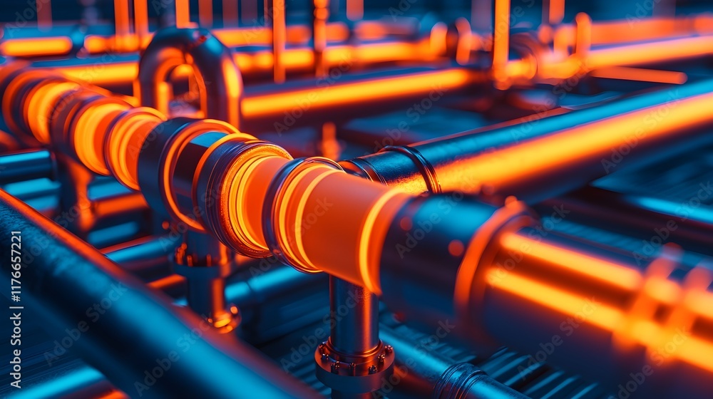 Industrial Pipes with Neon Light Effect in Modern Facility Industrial Pipes with Neon Light Effect in Modern Facility