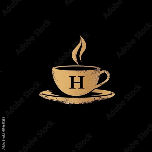 A steaming cup of coffee with a letter H on a saucer. photo