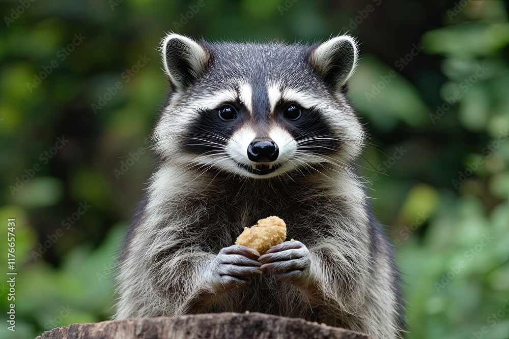 Raccoon with a mischievous grin, holding a piece of food like a guilty snack thief Raccoon with a mischievous grin, holding a piece of food like a guilty snack thief