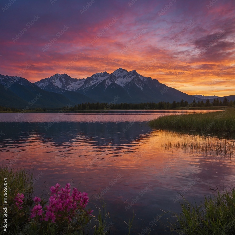 Fototapeta premium Create a stunning 16K ultra-resolution wallpaper featuring a breathtaking landscape. The scene includes a vibrant sunset over a serene lake, with mountains silhouetted in the background.
