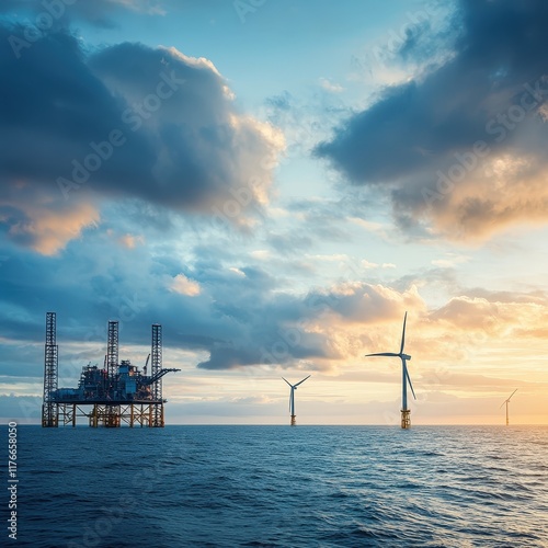 Oil rig and wind turbines in a tranquil sea at sunset, symbolizing the blend of traditional energy sources and renewable energy transitions in modern industry