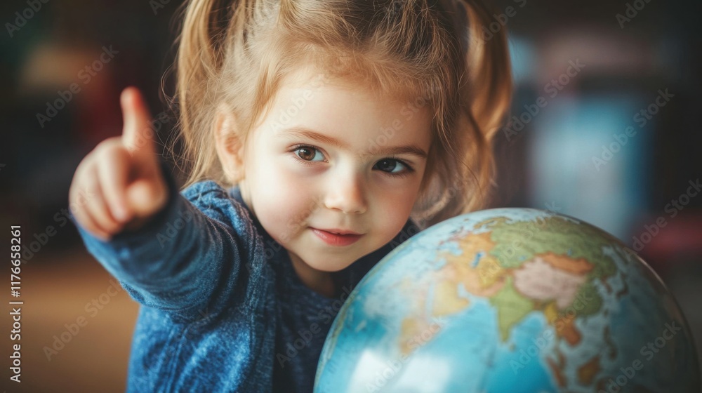 Early education. Little girl pointing to world globe Early education. Little girl pointing to world globe