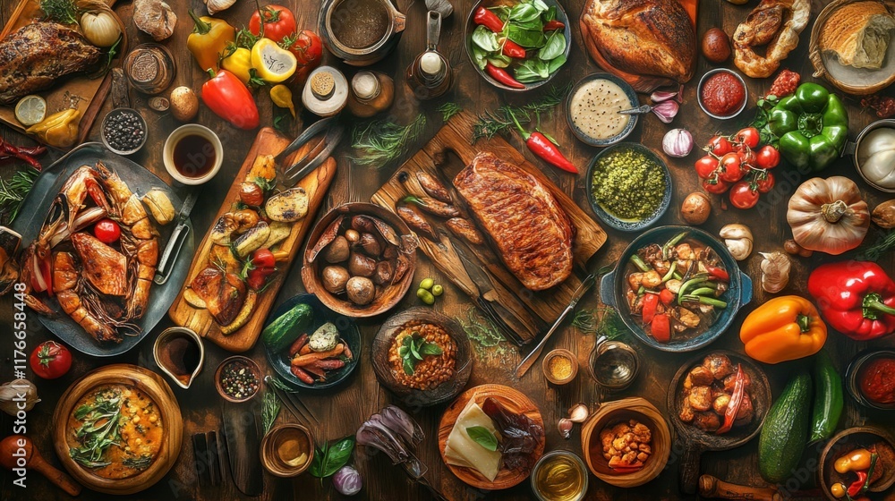 Fototapeta premium Featuring food variety, cooking ingredients, cooking utensils, World Food Day, and flavors of international cuisine.