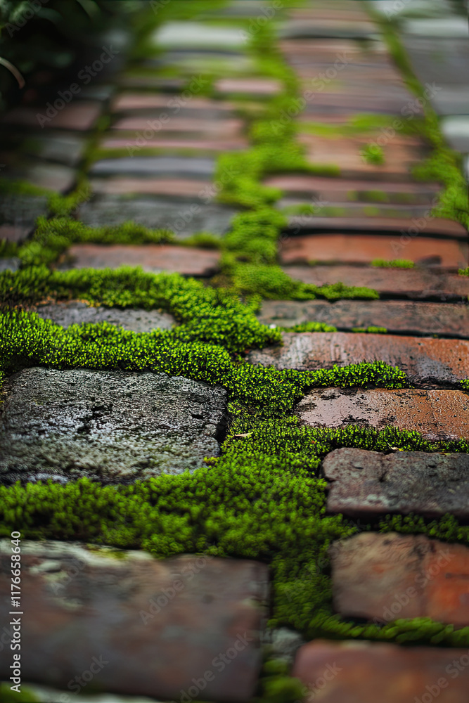 Close-up of a brick pathway with moss between the bricks, adding a natural look Close-up of a brick pathway with moss between the bricks, adding a natural look