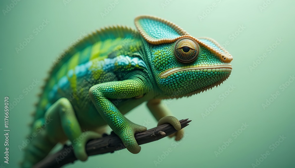 Fototapeta premium Veiled Chameleon - Chamaeleo calyptratus - A vibrant green veiled chameleon with intricate scale patterns and a distinctive casque, perched on a branch, looking directly at the camera. Its bright, ca