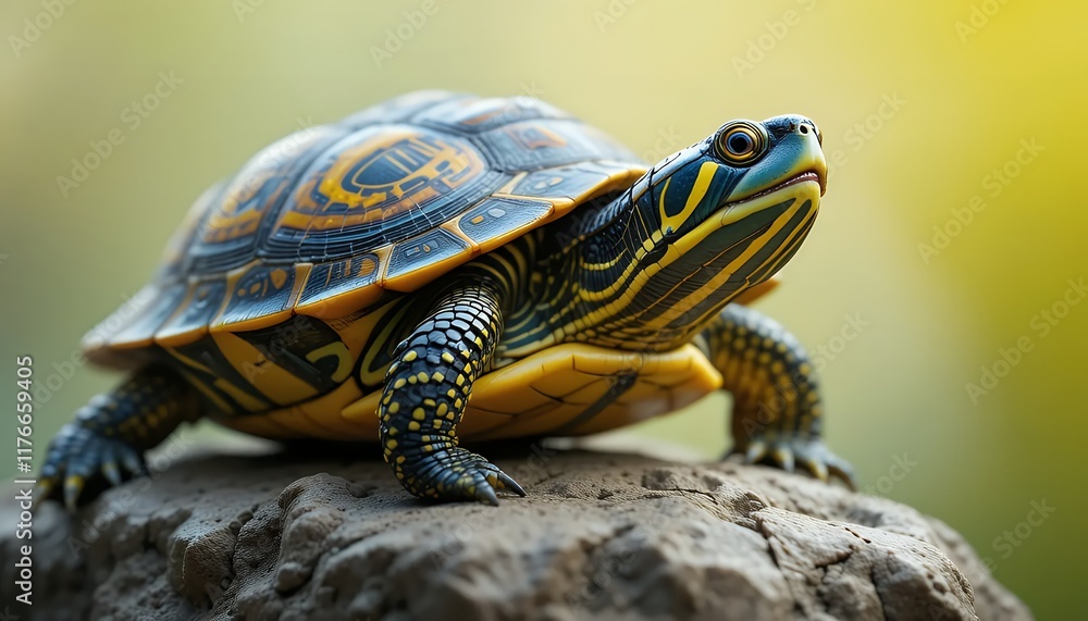 Yellow-Billed Turtle - Trachemys scripta scripta - A vibrant yellow and black turtle with a striking pattern on its shell, perched on a rock, looking directly at the camera.  Its captivating gaze and