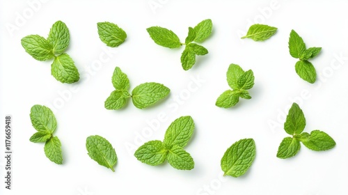 Isolated green mint leaves on white background, fresh mint leaves floating