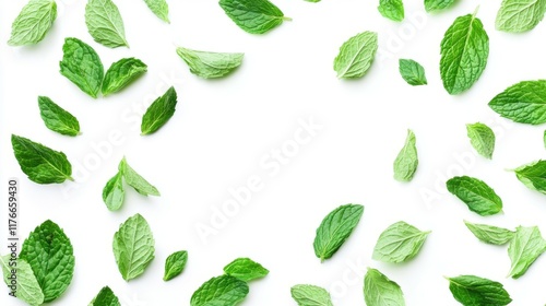 Isolated green mint leaves on white background, fresh mint leaves floating