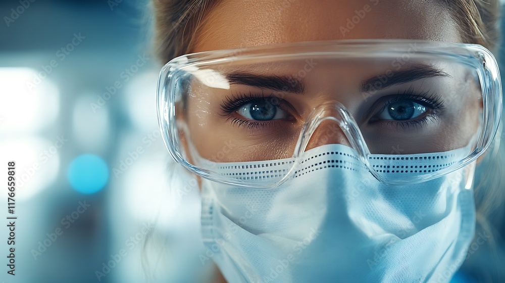 A close-up of a healthcare worker in a surgical mask and safety goggles, showcasing their dedication in a high-stress environment A close-up of a healthcare worker in a surgical mask and safety goggles, showcasing their dedication in a high-stress environment