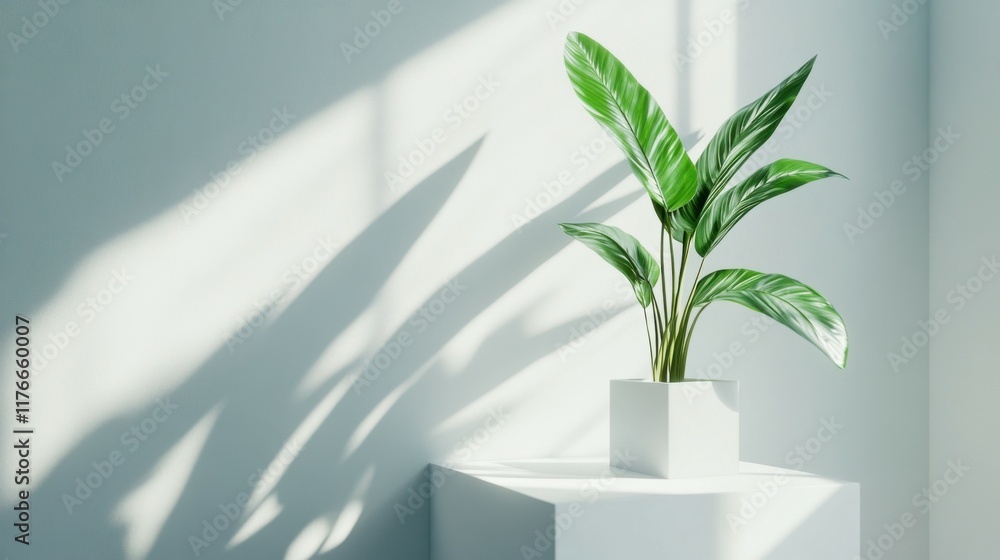 Minimalist white pedestal with soft shadows from a green plant against a bright wall in natural light Minimalist white pedestal with soft shadows from a green plant against a bright wall in natural light