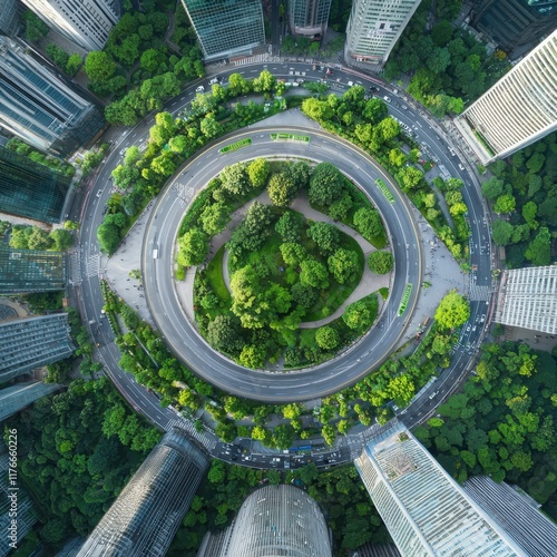 Circular economy practices in urban green spaces city center aerial view sustainable lifestyle eco-friendly environment