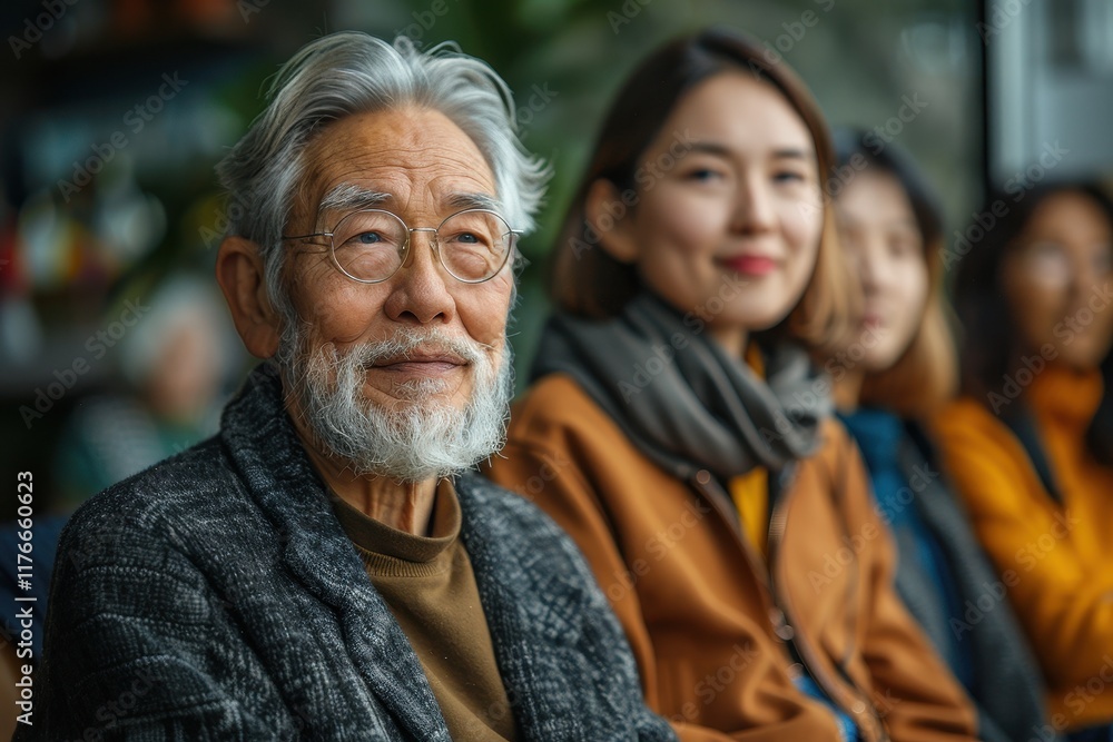 A group of people, including an elderly man and women, seated together, showcasing a warm atmosphere of connection and community. A group of people, including an elderly man and women, seated together, showcasing a warm atmosphere of connection and community.