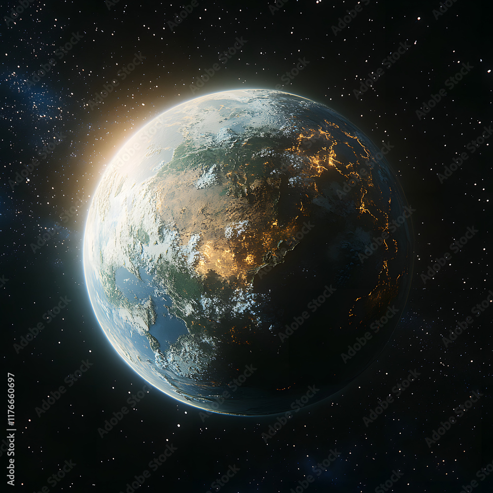 Fototapeta premium A 3D-rendered Earth with highly detailed continents and oceans, illuminated by sunlight from one side, set against a vast galaxy of stars and nebulas, cinematic and awe-inspiring