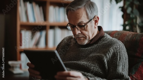 Senior man reading news on digital tablet