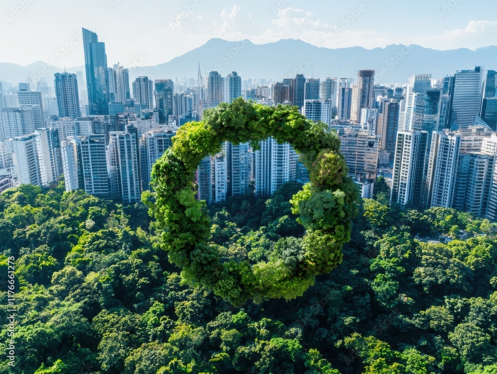 Obraz premium Circular economy practices program fostering sustainable urban development in green city landscapes