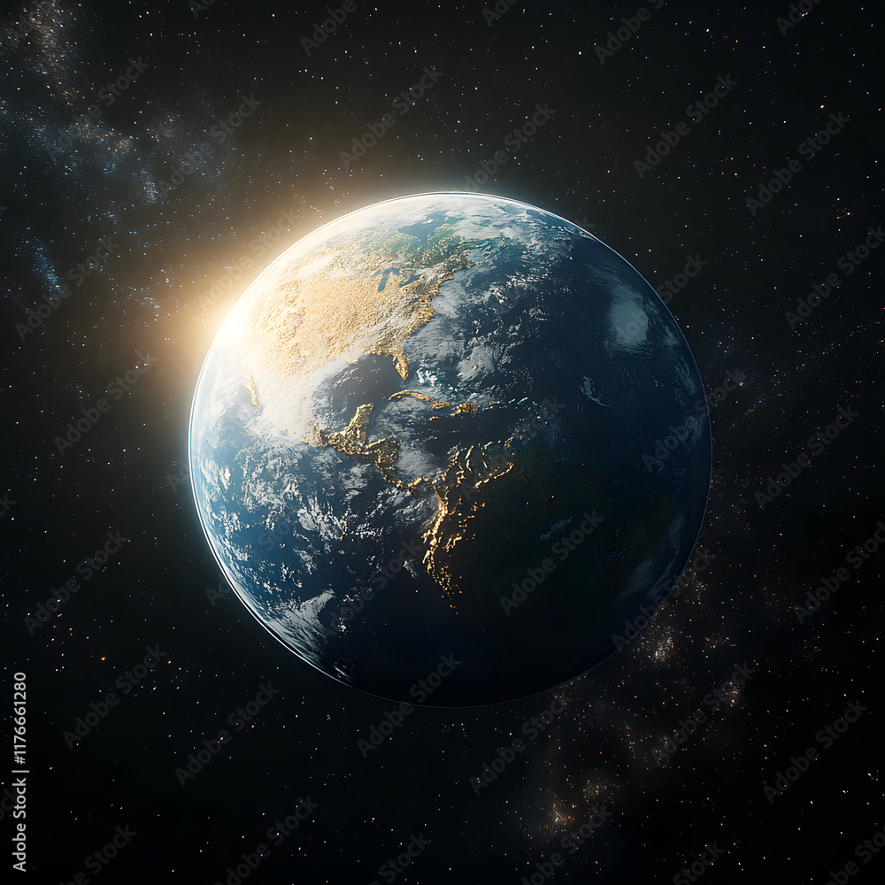 Obraz premium A 3D-rendered Earth with highly detailed continents and oceans, illuminated by sunlight from one side, set against a vast galaxy of stars and nebulas, cinematic and awe-inspiring