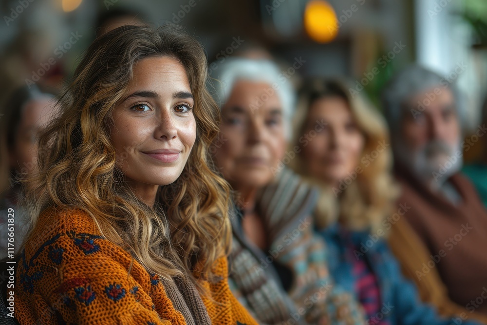 Fototapeta premium A young woman smiles warmly while seated among a group of older individuals, creating a cozy atmosphere filled with diverse expressions.