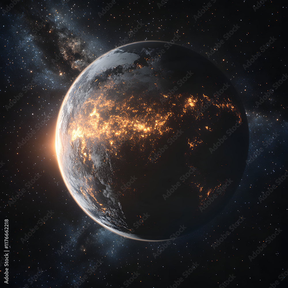 Obraz premium A 3D-rendered Earth with highly detailed continents and oceans, illuminated by sunlight from one side, set against a vast galaxy of stars and nebulas, cinematic and awe-inspiring