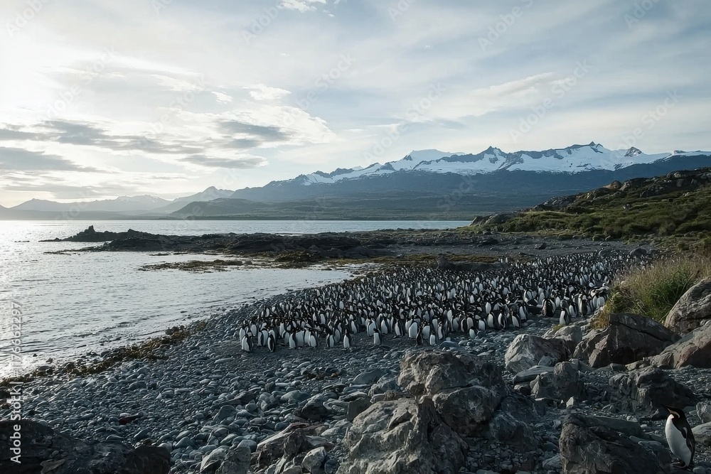 Fototapeta premium A colony of Magellanic penguins huddled together on a rocky shore in Patagonia.