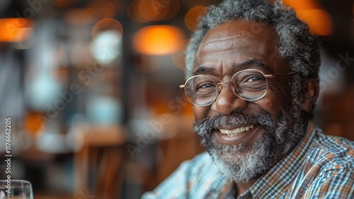 Wallpaper Mural A smiling older man with glasses, showcasing a warm expression, seated in a cozy setting with soft lighting. Torontodigital.ca