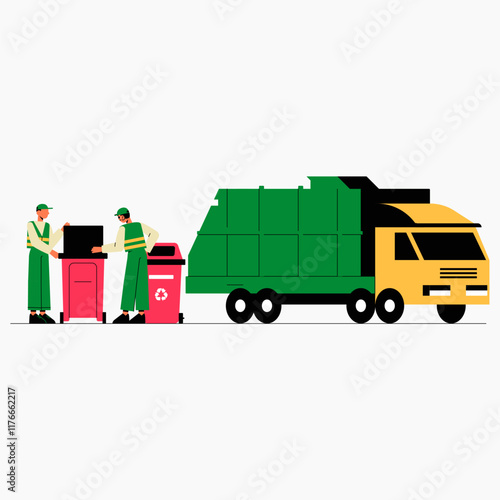 Garbage truck with two sanitation workers disposing of waste in flat vector illustration symbolizing environmental cleanup and recycling, isolated on white background.