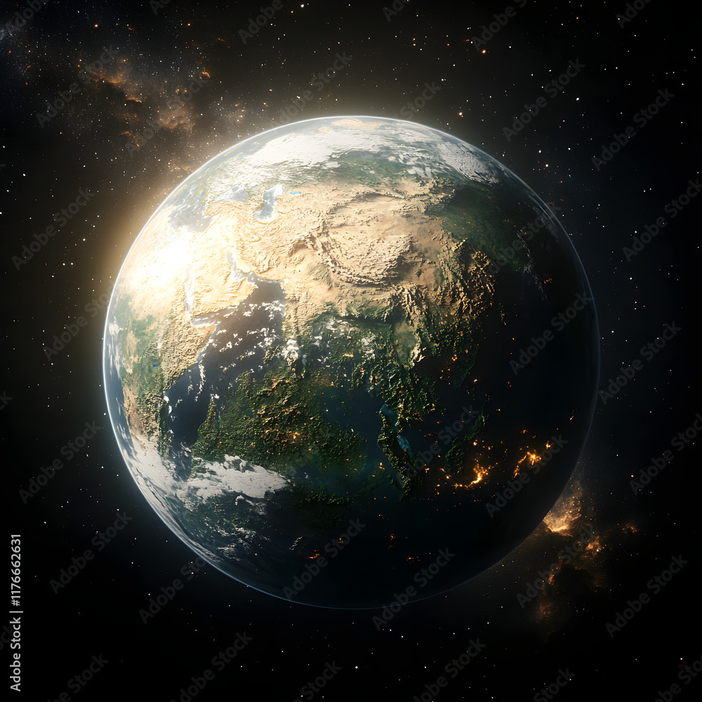 Fototapeta premium A 3D-rendered Earth with highly detailed continents and oceans, illuminated by sunlight from one side, set against a vast galaxy of stars and nebulas, cinematic and awe-inspiring