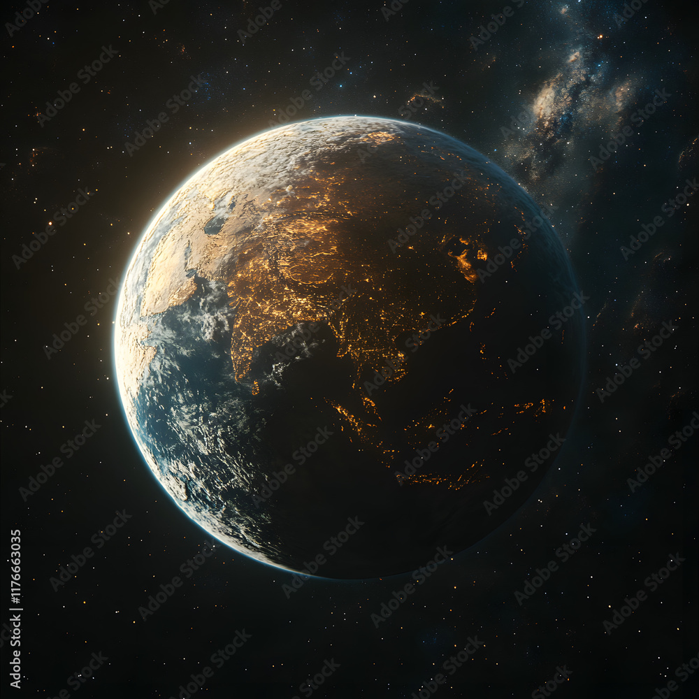 A 3D-rendered Earth with highly detailed continents and oceans, illuminated by sunlight from one side, set against a vast galaxy of stars and nebulas, cinematic and awe-inspiring
A 3D-rendered Earth with highly detailed continents and oceans, illuminated by sunlight from one side, set against a vast galaxy of stars and nebulas, cinematic and awe-inspiring