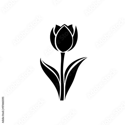 Minimalist Black and White Tulip Illustration, A simple black and white illustration of a tulip flower with leaves and stem, showcasing an elegant and minimal floral design.


