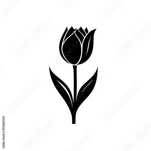 Minimalist Black and White Tulip Illustration, A simple black and white illustration of a tulip flower with leaves and stem, showcasing an elegant and minimal floral design.


