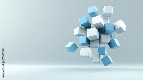 A blue and white cube sculpture is floating in the air