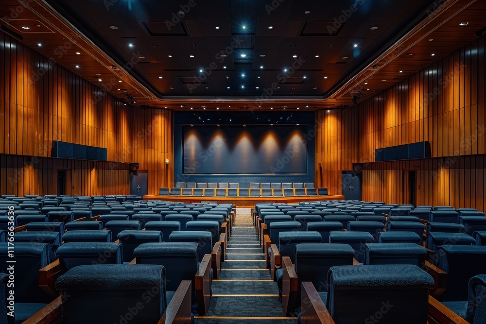 A modern auditorium featuring wooden accents, comfortable seating, and a spacious stage, ideal for performances and presentations. A modern auditorium featuring wooden accents, comfortable seating, and a spacious stage, ideal for performances and presentations.