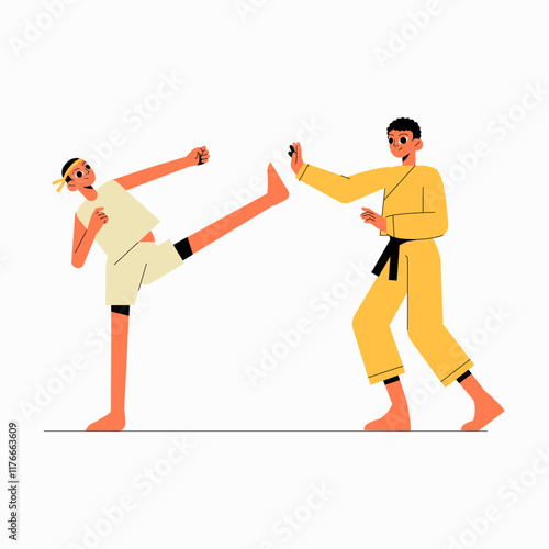 Martial arts training with two male characters in flat vector illustration symbolizing self defense, discipline, and teamwork, isolated on white background.