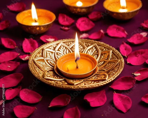  a serene arrangement of glowing candles surrounded by vibrant rose petals photo