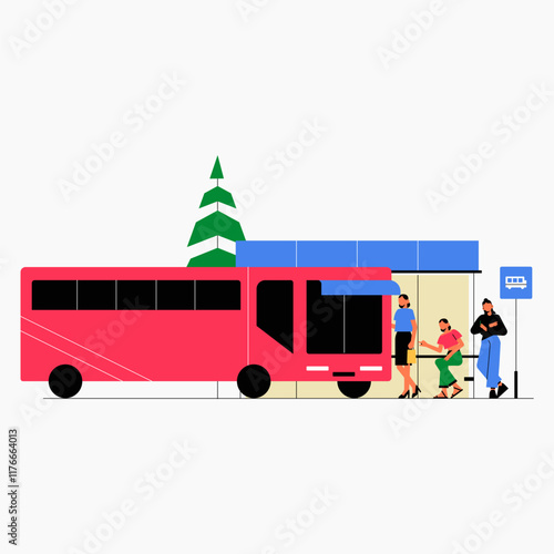 Bus arriving at bus stop with passengers in flat vector illustration symbolizing public transportation, commuting, and urban travel, isolated on white background.