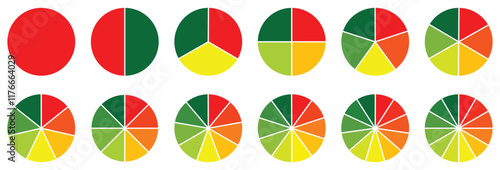 Colorful Pie chart set. Pie chart circle. Circle pie chart diagram. 2,3,4,5,6,7,8,9,10,11,12 sections or steps. Circle section graph, Pie chart round.